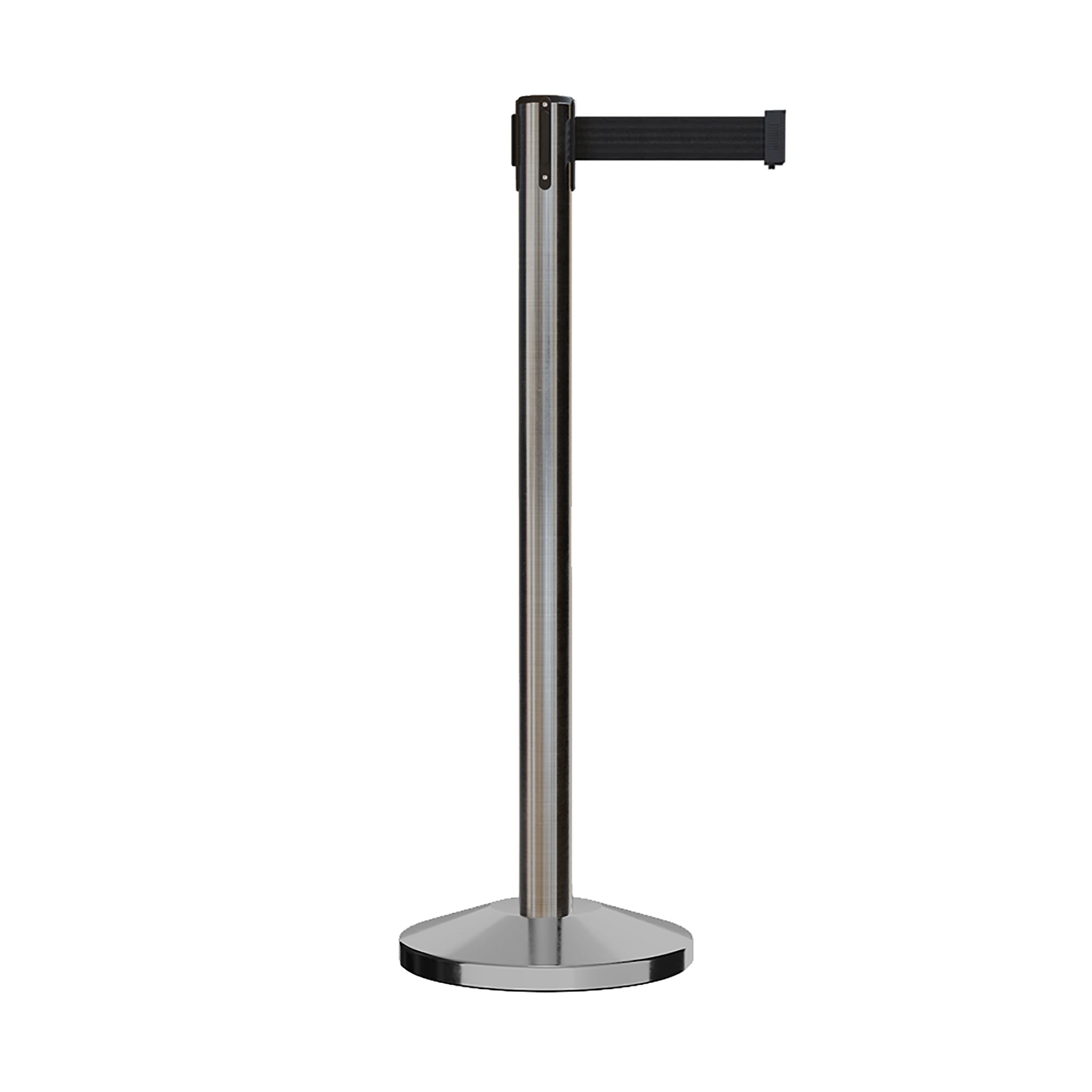 Retractable Belt Barrier Stanchion, Satin Stainless Steel Post, 9 Ft. Belt - CCW Series RBB - 100 - Crowd Control Warehouse