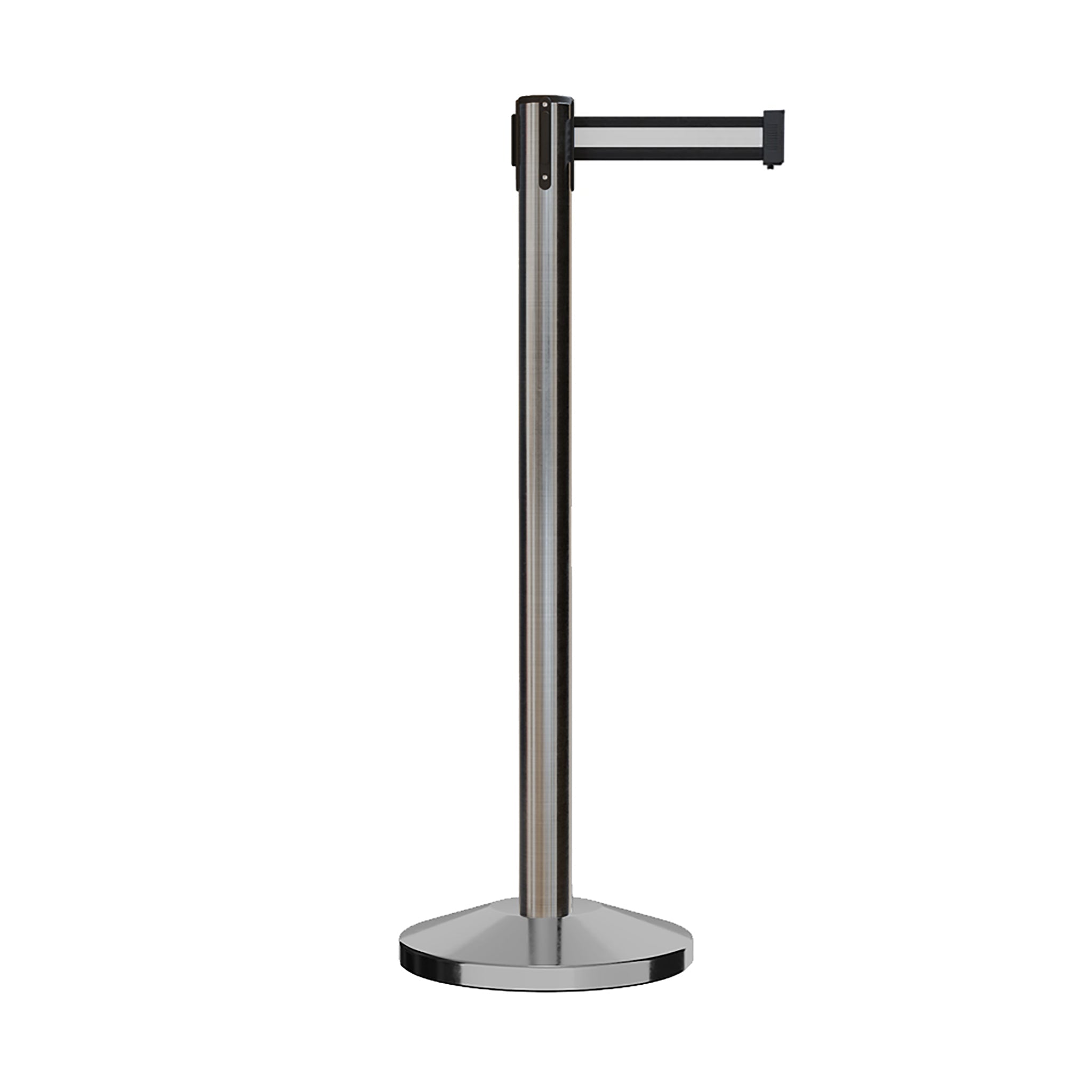 Retractable Belt Barrier Stanchion, Satin Stainless Steel Post, 9 Ft. Belt - CCW Series RBB - 100 - Crowd Control Warehouse