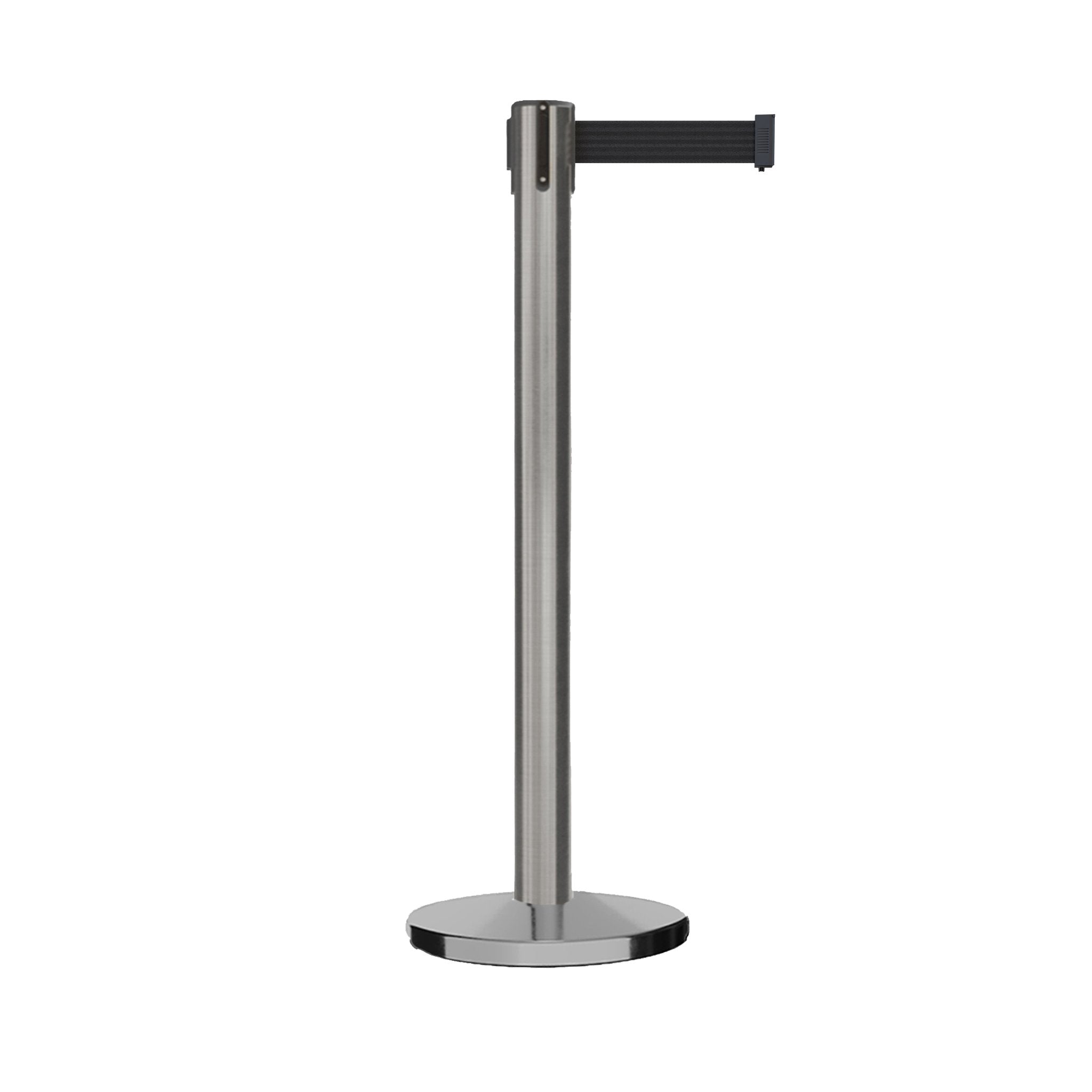 Retractable Belt Barrier Stanchion, Satin Stainless Steel Post with Heavy Duty Cast Iron Base, 14 ft Belt – Montour Line MI650 - Crowd Control Warehouse