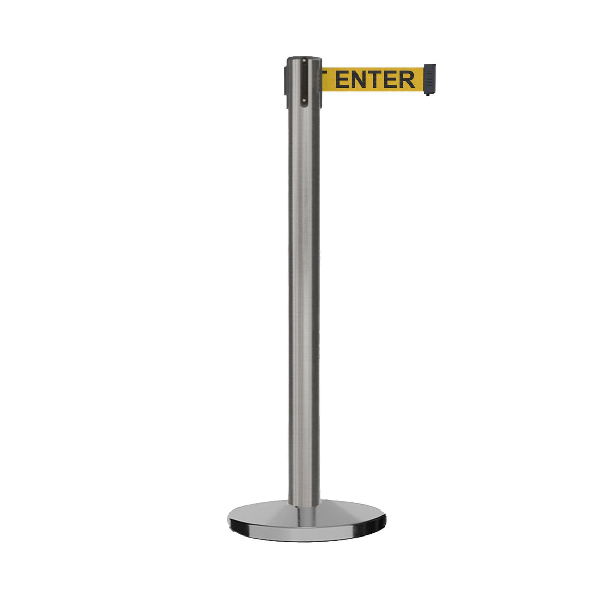 Retractable Belt Barrier Stanchion, Satin Stainless Steel Post with Heavy Duty Cast Iron Base, 16 ft Belt – Montour Line MI650 - Crowd Control Warehouse