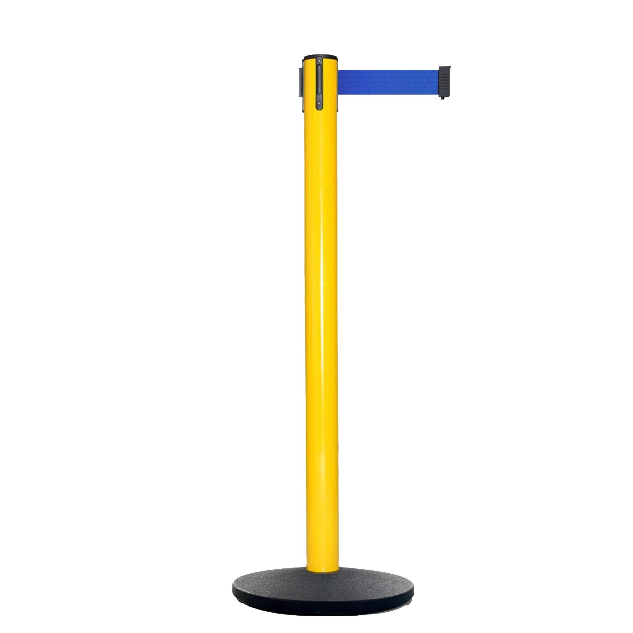 Retractable Belt Barrier Stanchion, Satin Stainless Steel Post with Heavy Duty Cast Iron Base, 16 ft Belt – Montour Line MI650 - Crowd Control Warehouse