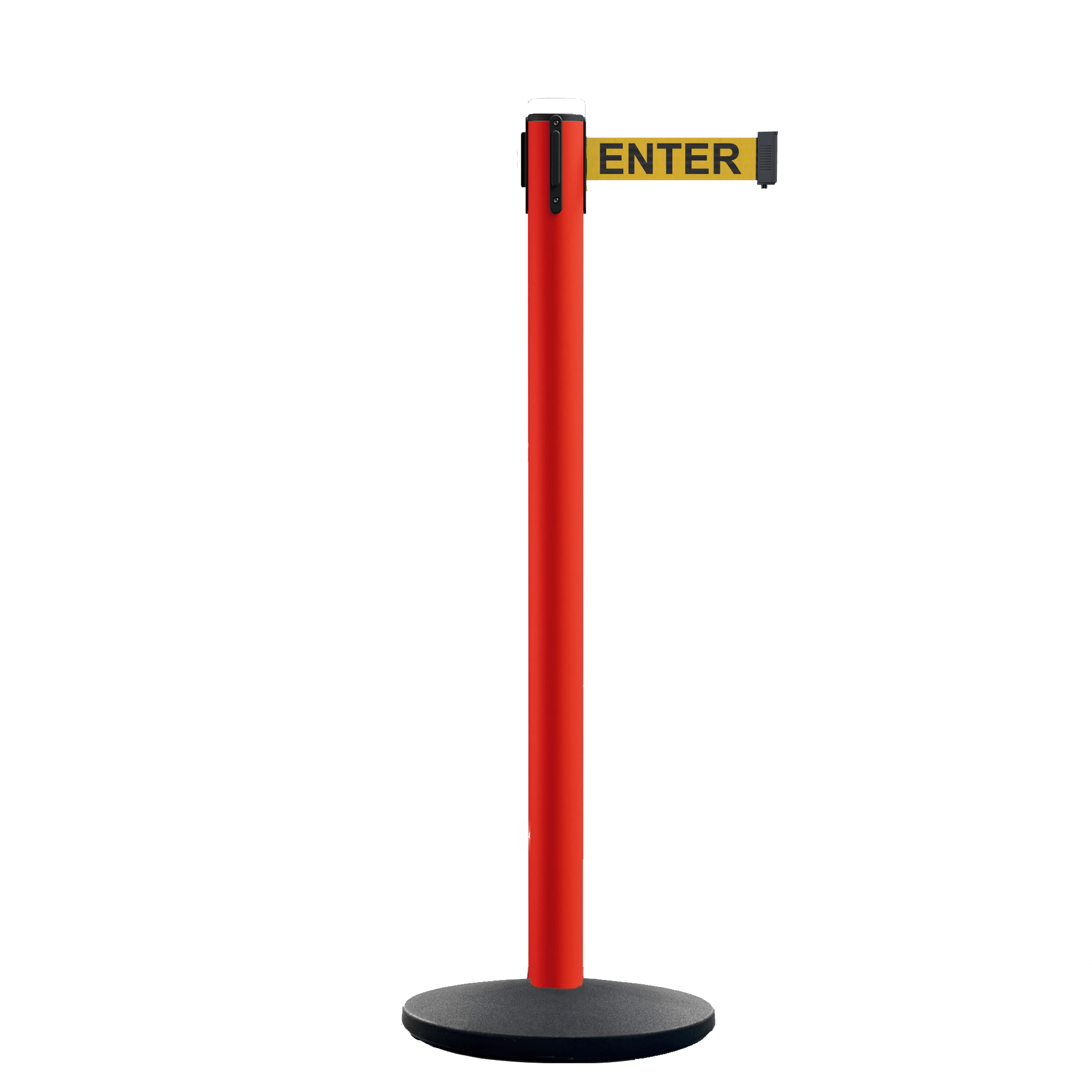 Retractable Belt Barrier Stanchion, Satin Stainless Steel Post with Heavy Duty Cast Iron Base, 16 ft Belt – Montour Line MI650 - Crowd Control Warehouse