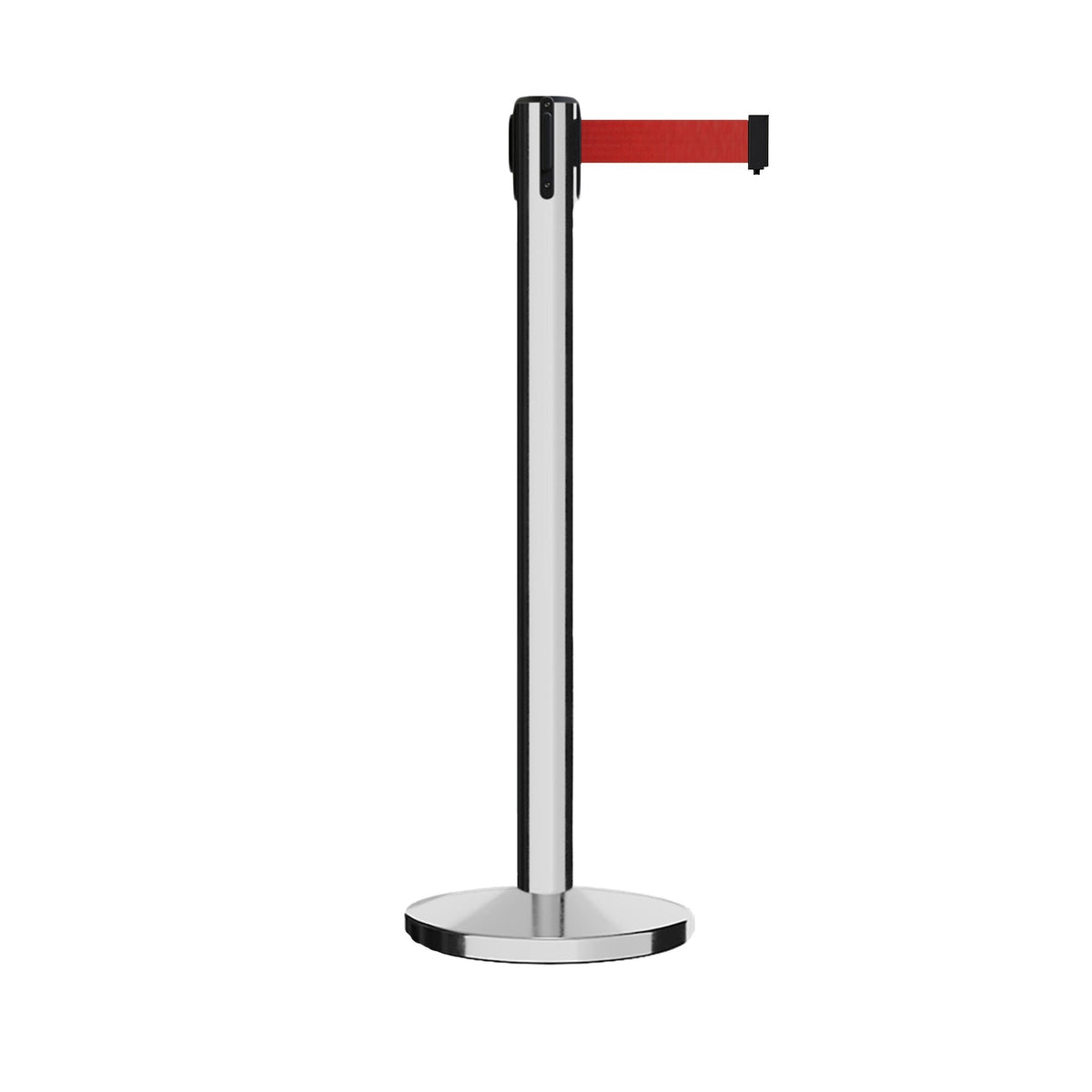 Retractable Belt Barrier Stanchion, Satin Stainless Steel Post with Heavy Duty Cast Iron Base, 16 ft Belt – Montour Line MI650 - Crowd Control Warehouse