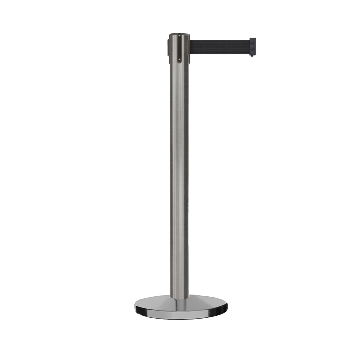 Retractable Belt Barrier Stanchion, Satin Stainless Steel Post with Heavy Duty Cast Iron Base, 16 ft Belt – Montour Line MI650 - Crowd Control Warehouse