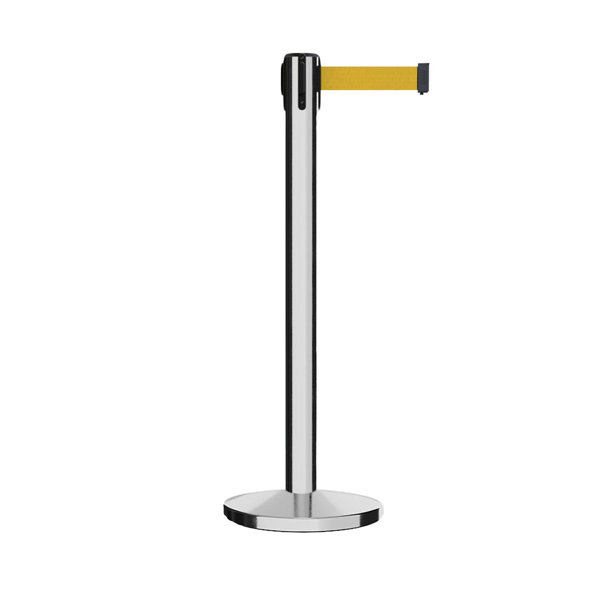 Retractable Belt Barrier Stanchion, Satin Stainless Steel Post with Heavy Duty Cast Iron Base, 16 ft Belt – Montour Line MI650 - Crowd Control Warehouse