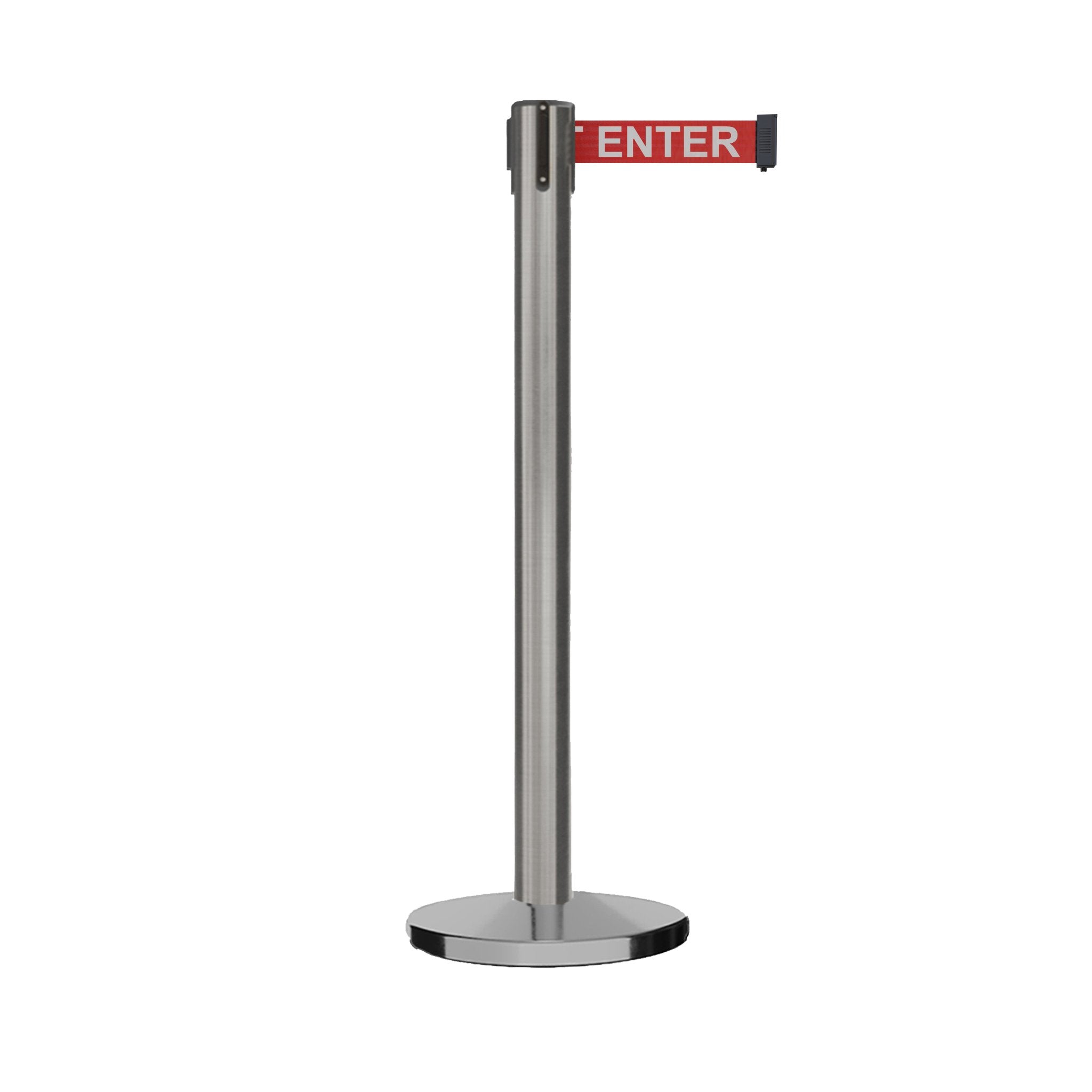 Retractable Belt Barrier Stanchion, Satin Stainless Steel Post with Heavy Duty Cast Iron Base, 16 ft Belt – Montour Line MI650 - Crowd Control Warehouse