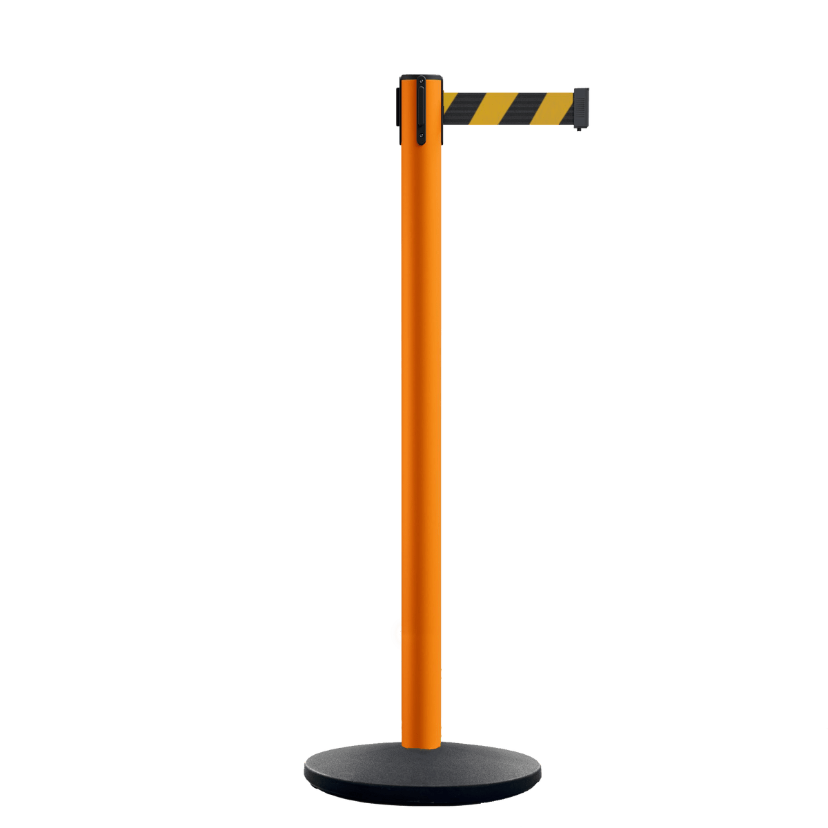 Retractable Belt Barrier Stanchion, Satin Stainless Steel Post with Heavy Duty Cast Iron Base, 16 ft Belt – Montour Line MI650 - Crowd Control Warehouse