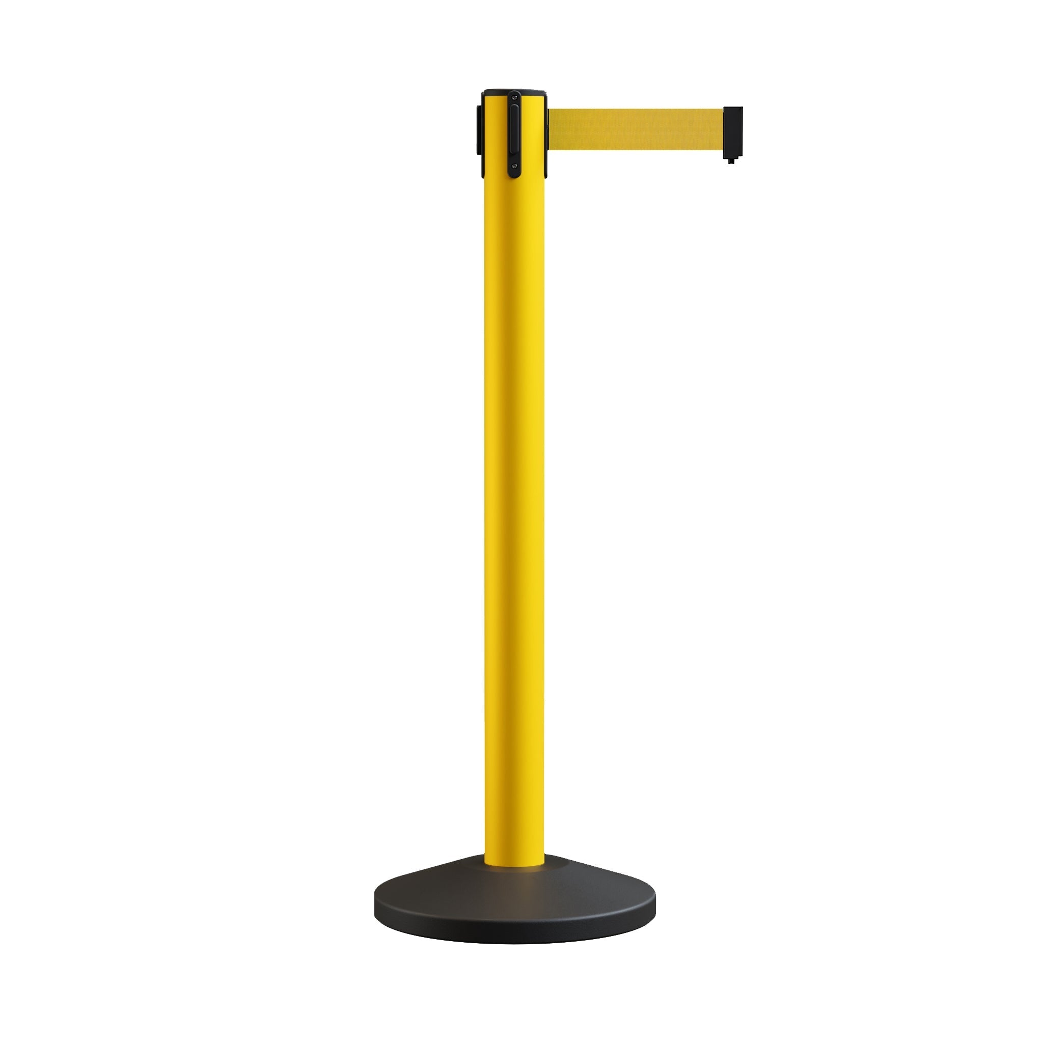 Retractable Belt Barrier Stanchion, Sloped Base, 14 ft Belt - Montour Line M650 - Crowd Control Warehouse