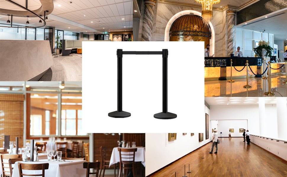 Retractable Belt Barrier Stanchion, Sloped Base, 14 ft Belt - Montour Line M650 - Crowd Control Warehouse