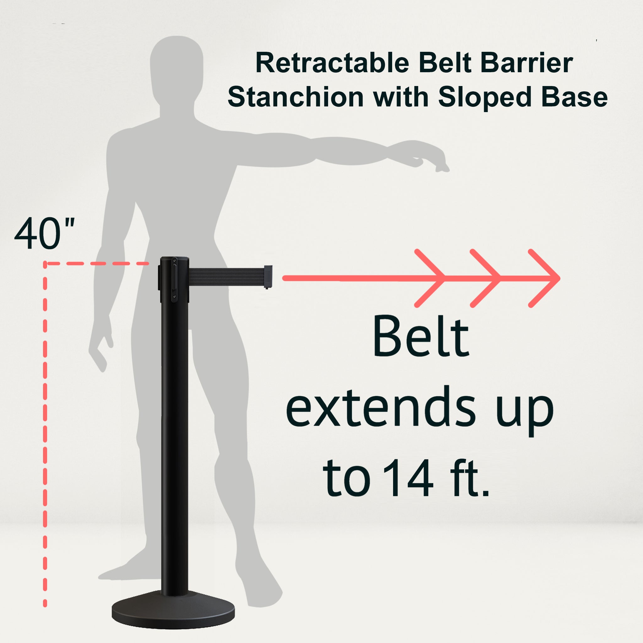 Retractable Belt Barrier Stanchion, Sloped Base, 14 ft Belt - Montour Line M650 - Crowd Control Warehouse