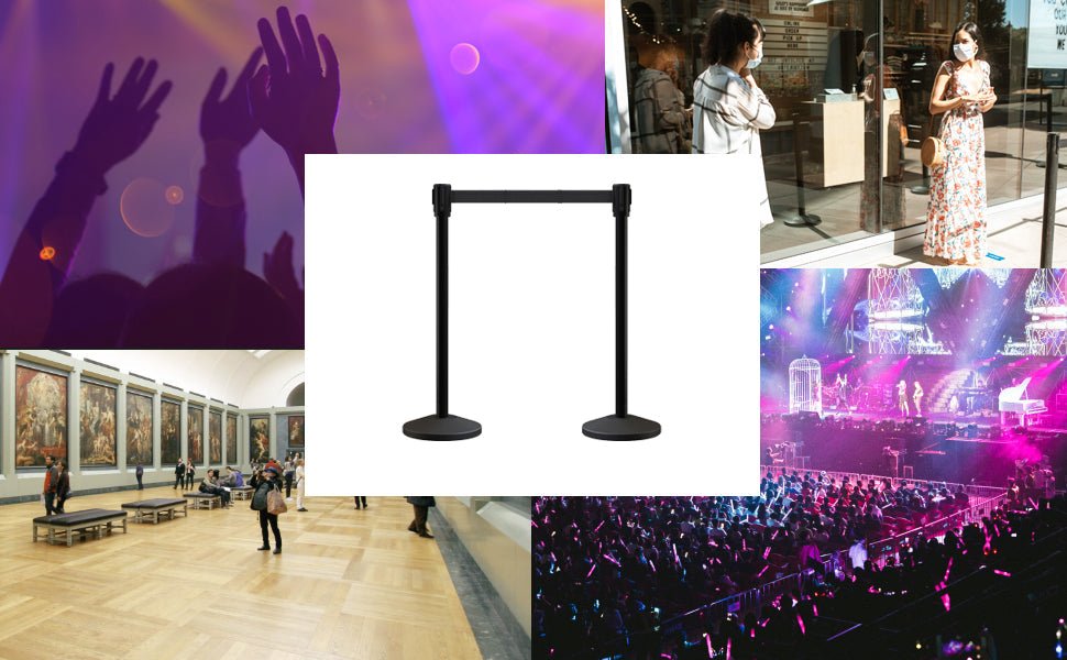 Retractable Belt Barrier Stanchion, Sloped Base, Black Powder Coated Post, 11 ft Belt - Montour Line M530 - Crowd Control Warehouse