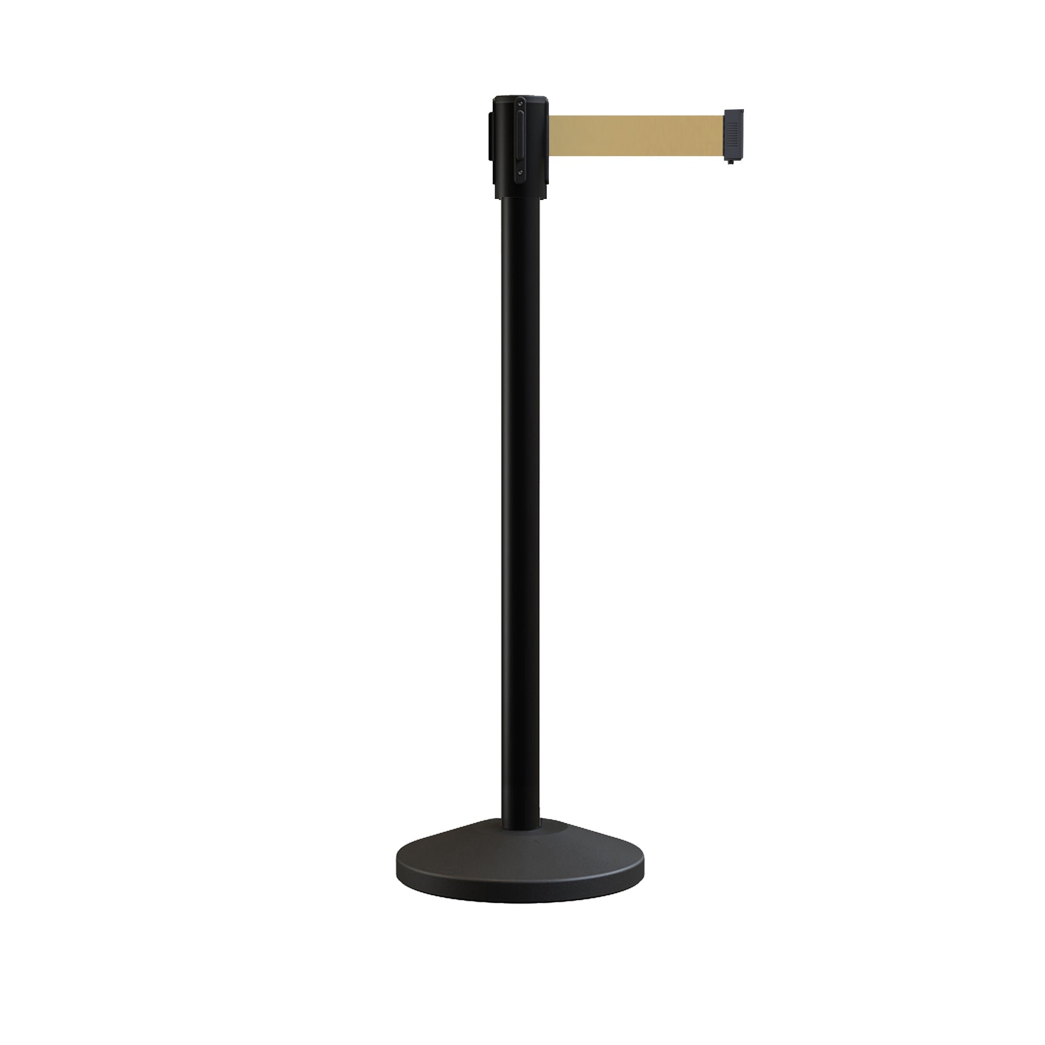 Retractable Belt Barrier Stanchion, Sloped Base, Black Powder Coated Post, 13 ft Belt - Montour Line M530 - Crowd Control Warehouse