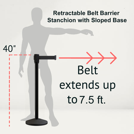 Retractable Belt Barrier Stanchion, Sloped Base, Black Powder Coated Post, 7.5 ft Belt - Montour Line M530 - Crowd Control Warehouse
