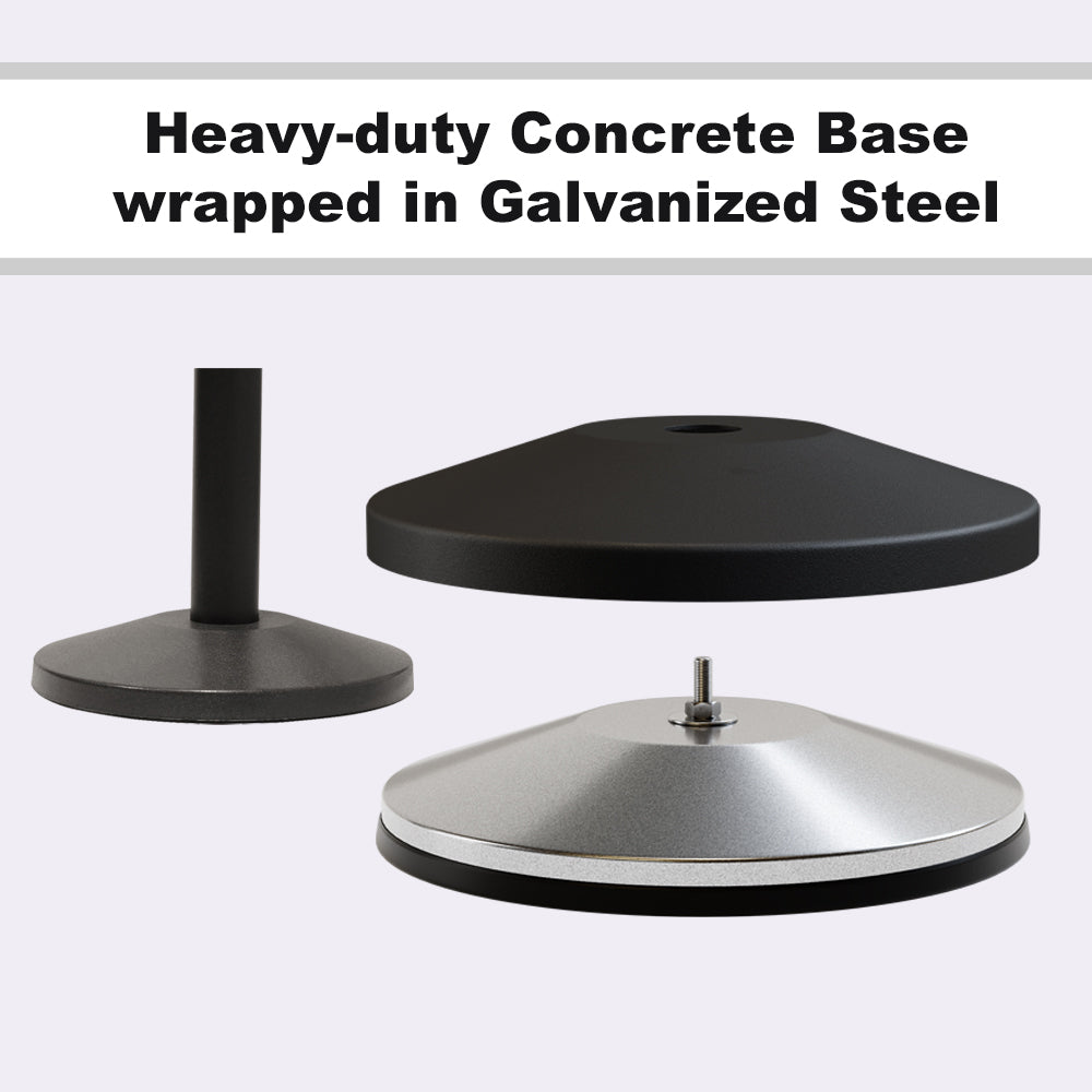 Retractable Belt Barrier Stanchion, Sloped Base, Black Powder Coated Post, 7.5 ft Belt - Montour Line M530 - Crowd Control Warehouse