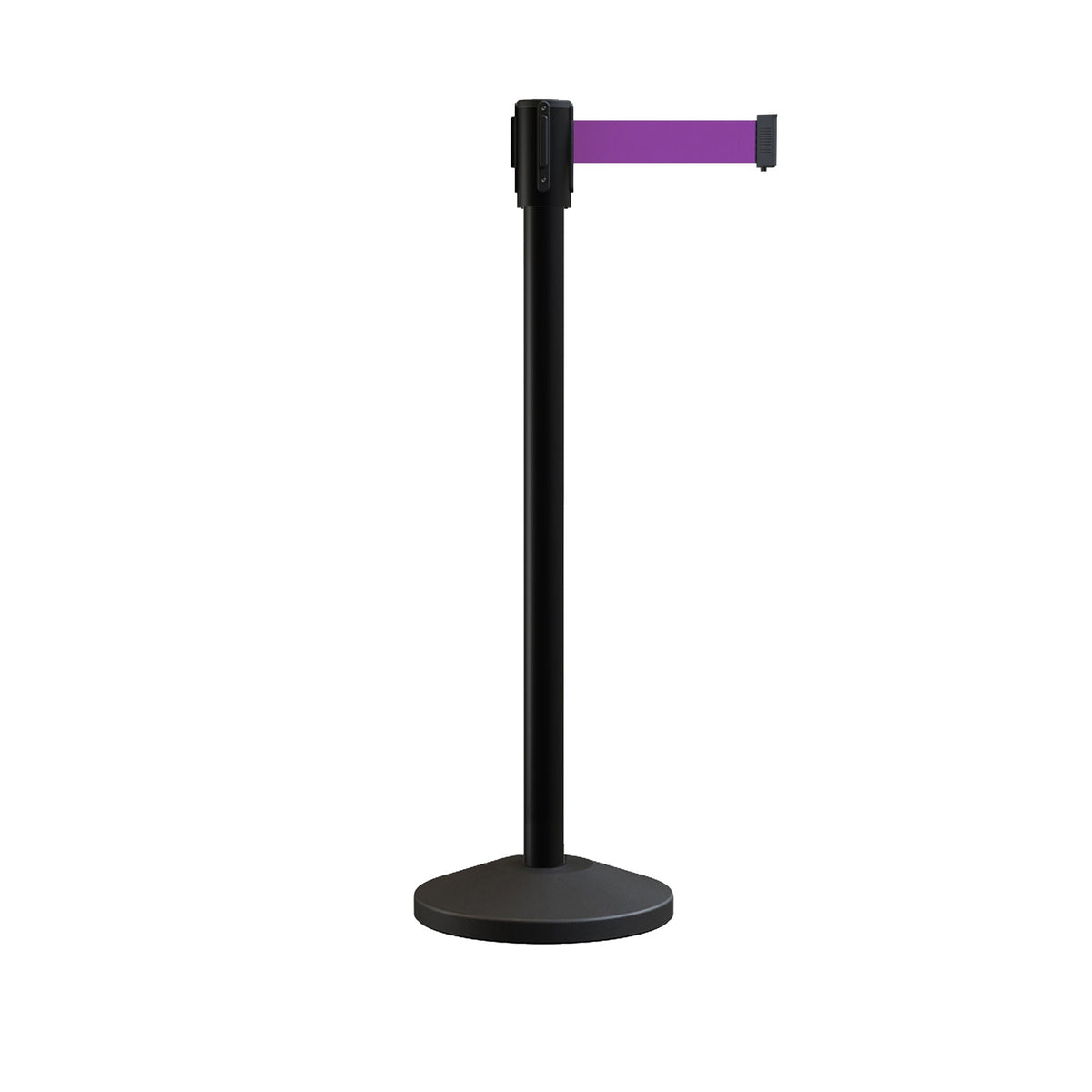Retractable Belt Barrier Stanchion, Sloped Base, Black Powder Coated Post, 9 ft Belt - Montour Line M530 - Crowd Control Warehouse