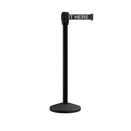 Retractable Belt Barrier Stanchion, Sloped Base, Black Powder Coated Post, 9 ft Belt - Montour Line M530 - Crowd Control Warehouse