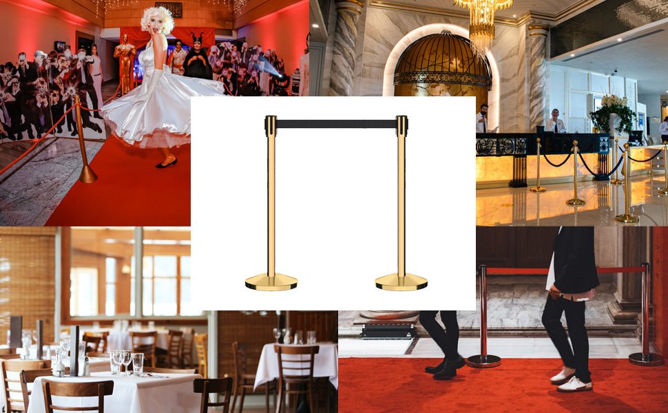 Retractable Belt Barrier Stanchion, Sloped Base, Polished Brass Post, 11 ft Belt - Montour Line M530 - Crowd Control Warehouse