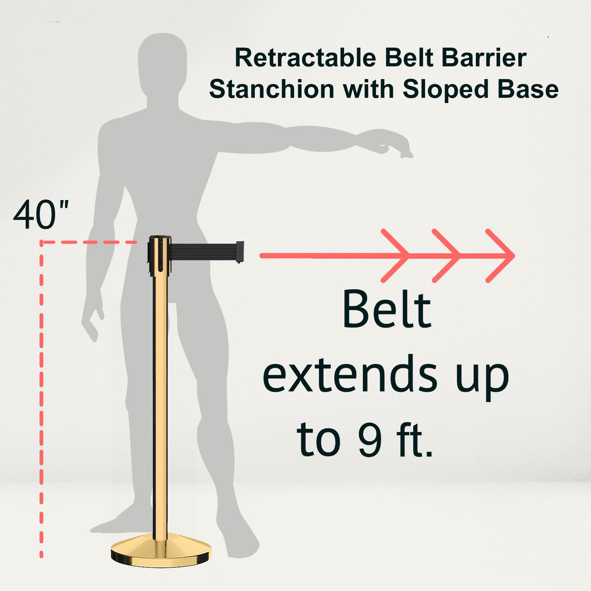 Retractable Belt Barrier Stanchion, Sloped Base, Polished Brass Post, 11 ft Belt - Montour Line M530 - Crowd Control Warehouse