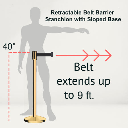 Retractable Belt Barrier Stanchion, Sloped Base, Polished Brass Post, 11 ft Belt - Montour Line M530 - Crowd Control Warehouse
