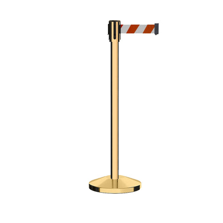 Retractable Belt Barrier Stanchion, Sloped Base, Polished Brass Post, 11 ft Belt - Montour Line M530 - Crowd Control Warehouse