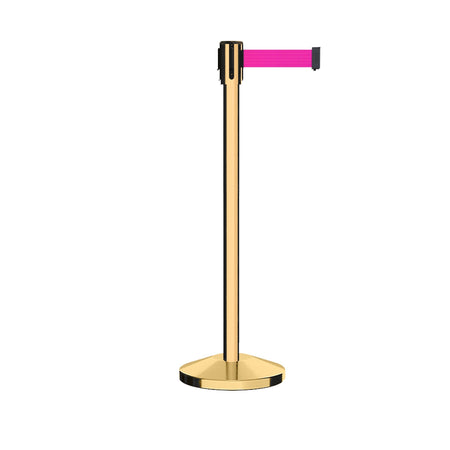 Retractable Belt Barrier Stanchion, Sloped Base, Polished Brass Post, 11 ft Belt - Montour Line M530 - Crowd Control Warehouse