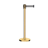 Retractable Belt Barrier Stanchion, Sloped Base, Polished Brass Post, 11 ft Belt - Montour Line M530 - Crowd Control Warehouse