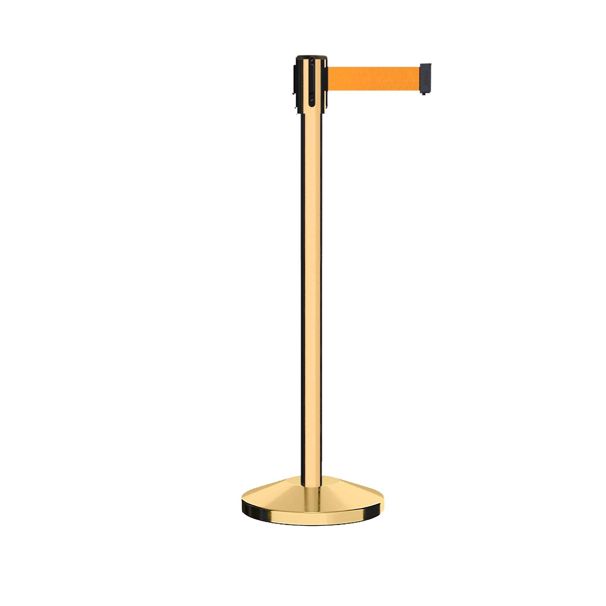 Retractable Belt Barrier Stanchion, Sloped Base, Polished Brass Post, 11 ft Belt - Montour Line M530 - Crowd Control Warehouse