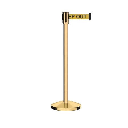 Retractable Belt Barrier Stanchion, Sloped Base, Polished Brass Post, 11 ft Belt - Montour Line M530 - Crowd Control Warehouse