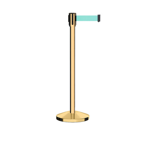 Retractable Belt Barrier Stanchion, Sloped Base, Polished Brass Post, 11 ft Belt - Montour Line M530 - Crowd Control Warehouse