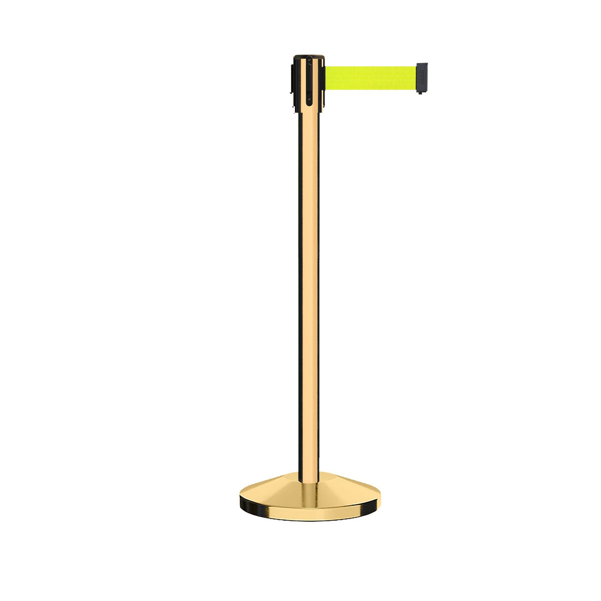 Retractable Belt Barrier Stanchion, Sloped Base, Polished Brass Post, 11 ft Belt - Montour Line M530 - Crowd Control Warehouse