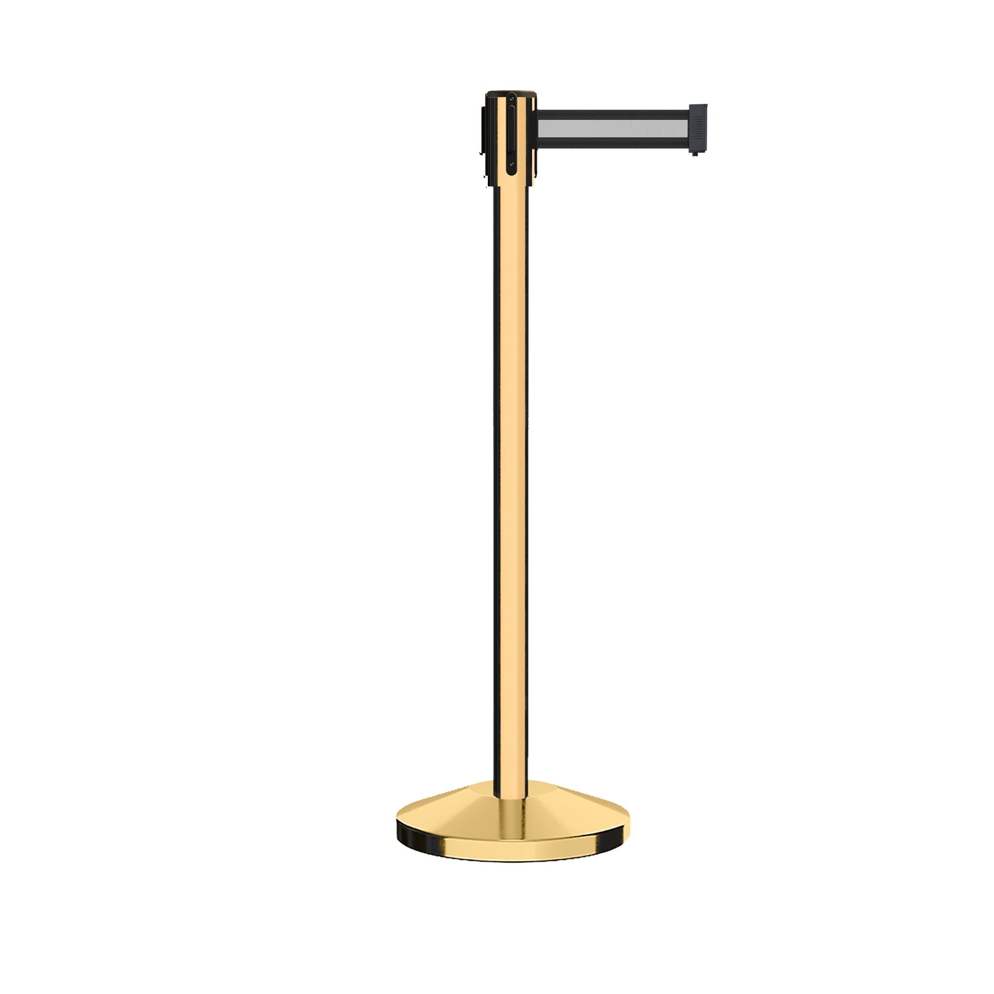 Retractable Belt Barrier Stanchion, Sloped Base, Polished Brass Post, 11 ft Belt - Montour Line M530 - Crowd Control Warehouse