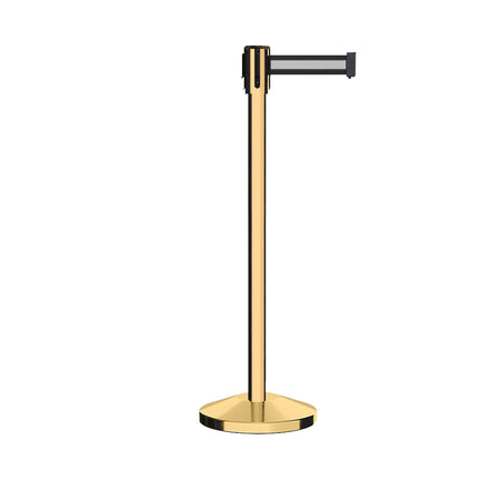 Retractable Belt Barrier Stanchion, Sloped Base, Polished Brass Post, 11 ft Belt - Montour Line M530 - Crowd Control Warehouse