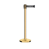 Retractable Belt Barrier Stanchion, Sloped Base, Polished Brass Post, 13 ft Belt - Montour Line M530 - Crowd Control Warehouse