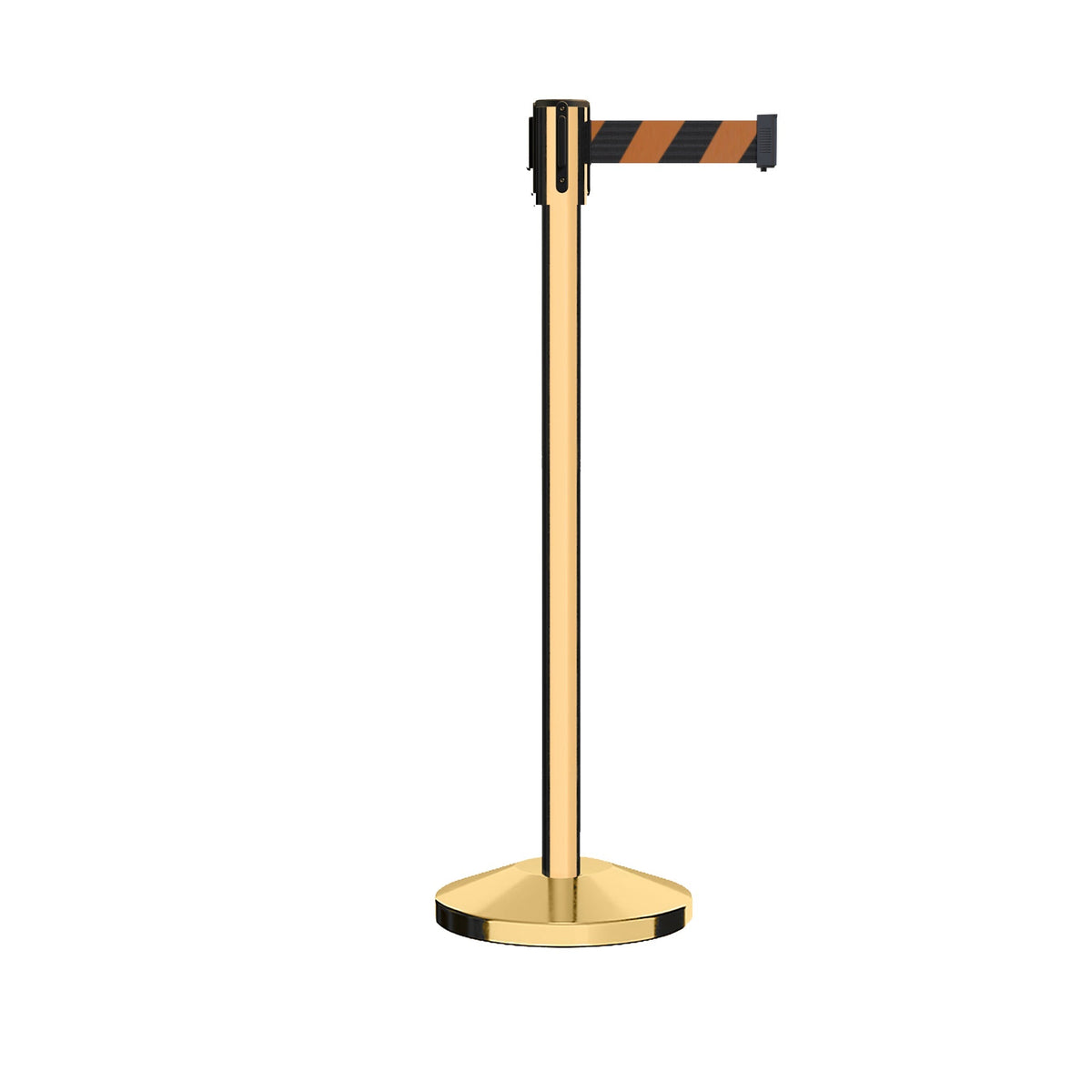 Retractable Belt Barrier Stanchion, Sloped Base, Polished Brass Post, 13 ft Belt - Montour Line M530 - Crowd Control Warehouse