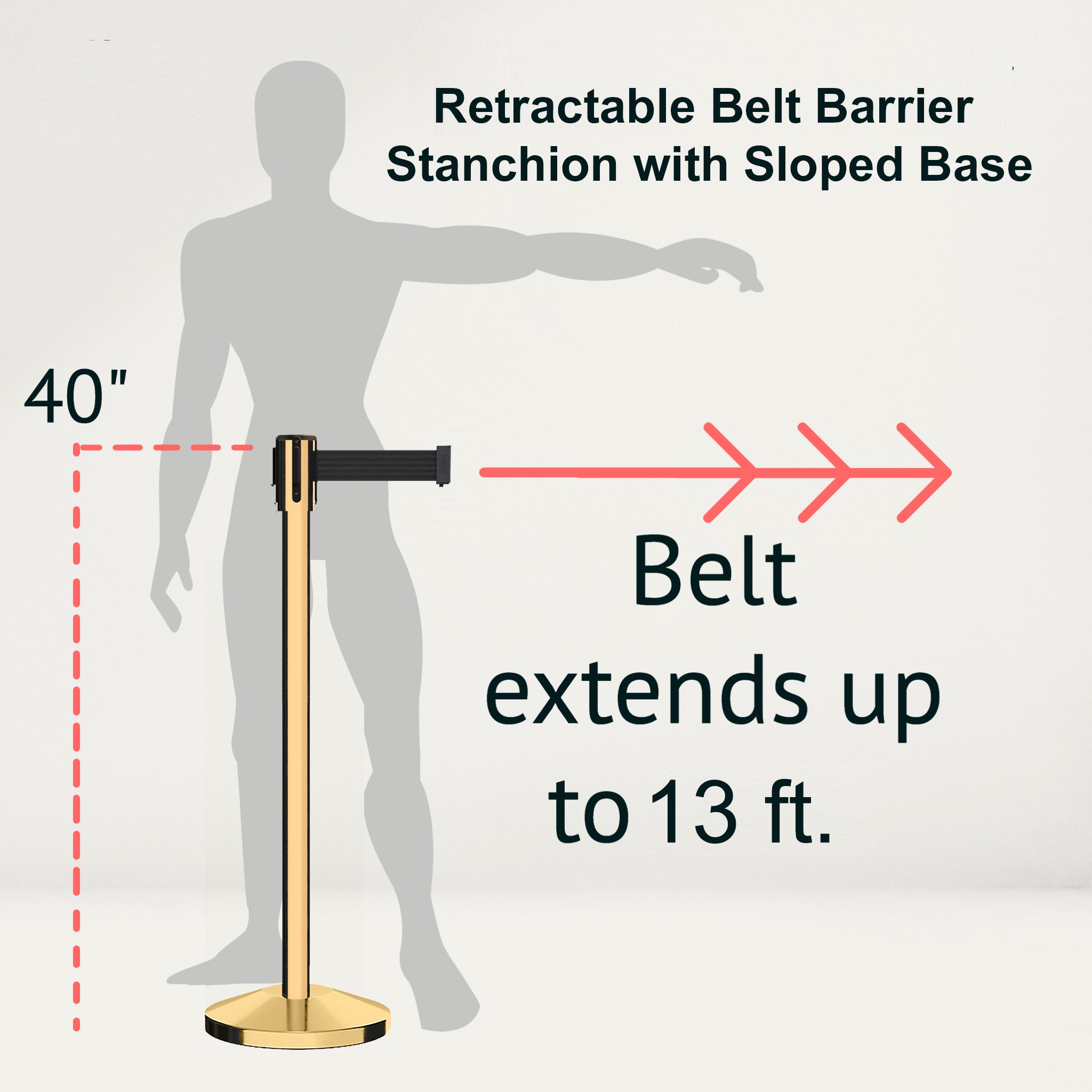 Retractable Belt Barrier Stanchion, Sloped Base, Polished Brass Post, 13 ft Belt - Montour Line M530 - Crowd Control Warehouse
