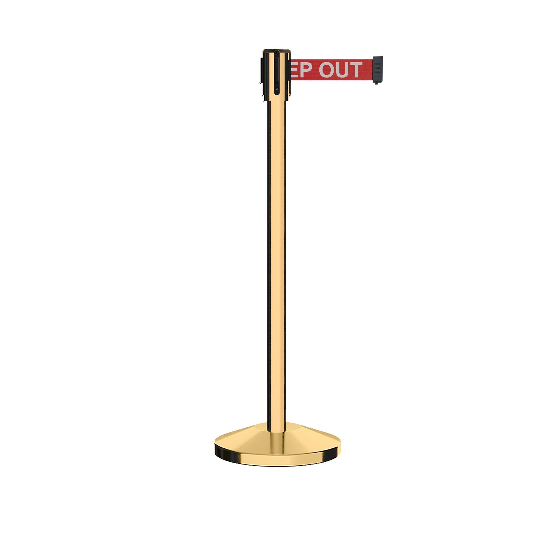 Retractable Belt Barrier Stanchion, Sloped Base, Polished Brass Post, 13 ft Belt - Montour Line M530 - Crowd Control Warehouse