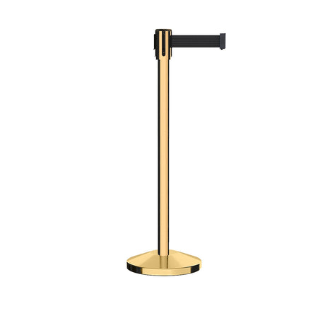 Retractable Belt Barrier Stanchion, Sloped Base, Polished Brass Post, 13 ft Belt - Montour Line M530 - Crowd Control Warehouse