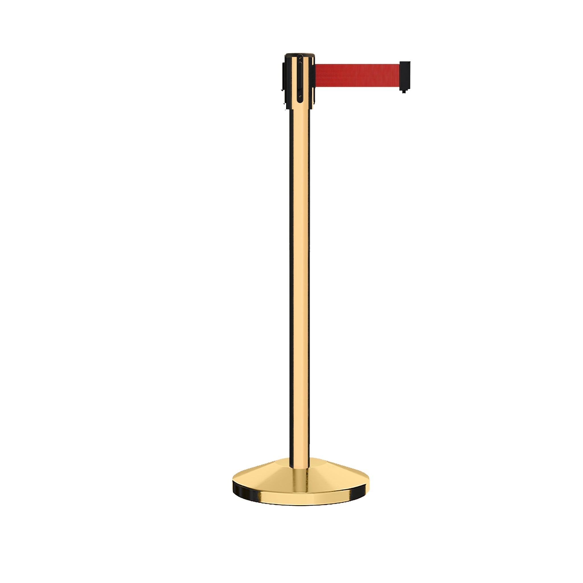 Retractable Belt Barrier Stanchion, Sloped Base, Polished Brass Post, 13 ft Belt - Montour Line M530 - Crowd Control Warehouse