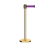 Retractable Belt Barrier Stanchion, Sloped Base, Polished Brass Post, 13 ft Belt - Montour Line M530 - Crowd Control Warehouse