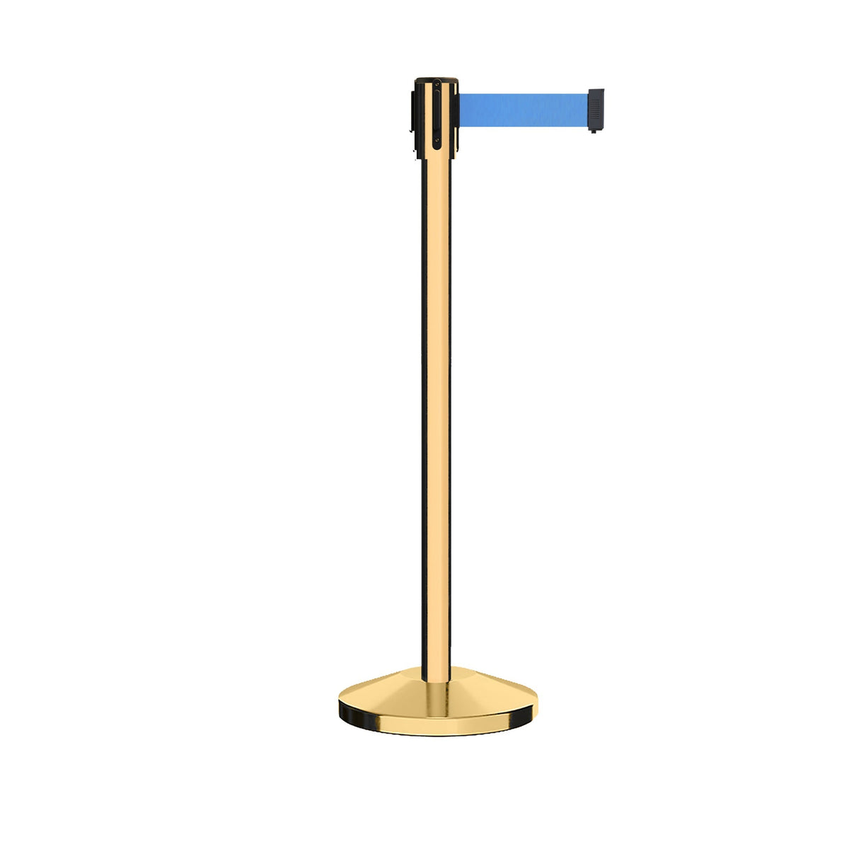 Retractable Belt Barrier Stanchion, Sloped Base, Polished Brass Post, 13 ft Belt - Montour Line M530 - Crowd Control Warehouse