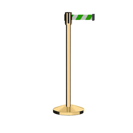 Retractable Belt Barrier Stanchion, Sloped Base, Polished Brass Post, 9 ft Belt - Montour Line M530 - Crowd Control Warehouse