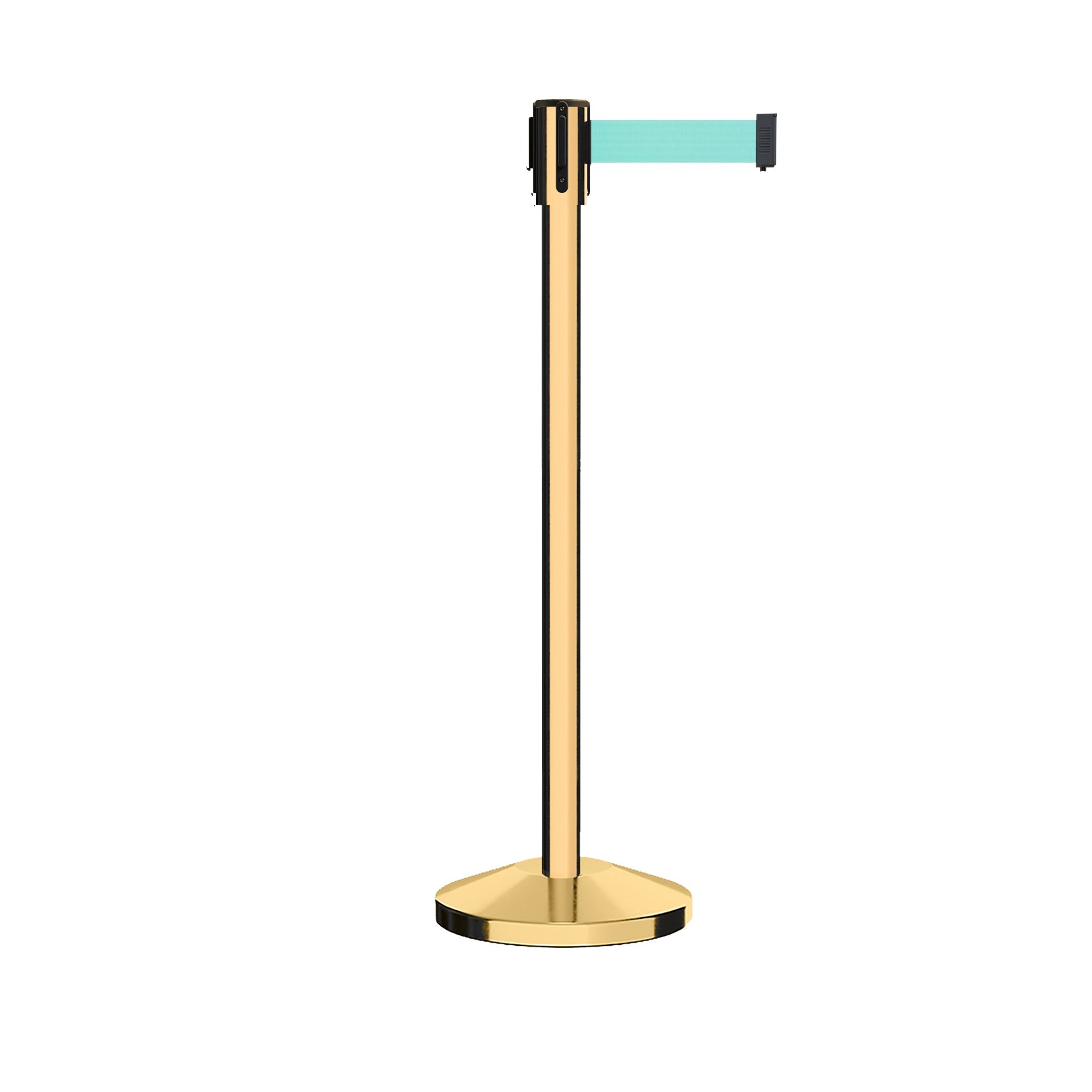 Retractable Belt Barrier Stanchion, Sloped Base, Polished Brass Post, 9 ft Belt - Montour Line M530 - Crowd Control Warehouse