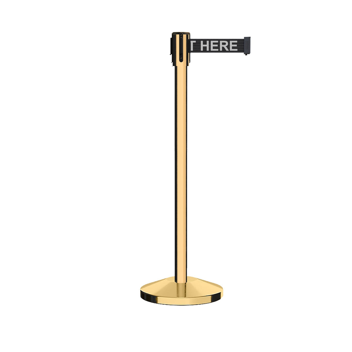 Retractable Belt Barrier Stanchion, Sloped Base, Polished Brass Post, 9 ft Belt - Montour Line M530 - Crowd Control Warehouse