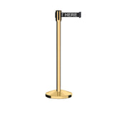 Retractable Belt Barrier Stanchion, Sloped Base, Polished Brass Post, 9 ft Belt - Montour Line M530 - Crowd Control Warehouse