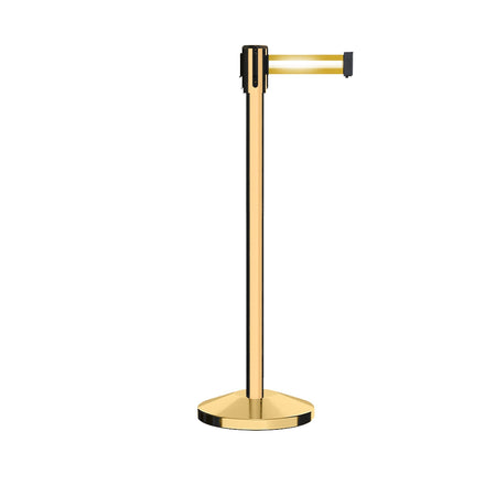 Retractable Belt Barrier Stanchion, Sloped Base, Polished Brass Post, 9 ft Belt - Montour Line M530 - Crowd Control Warehouse