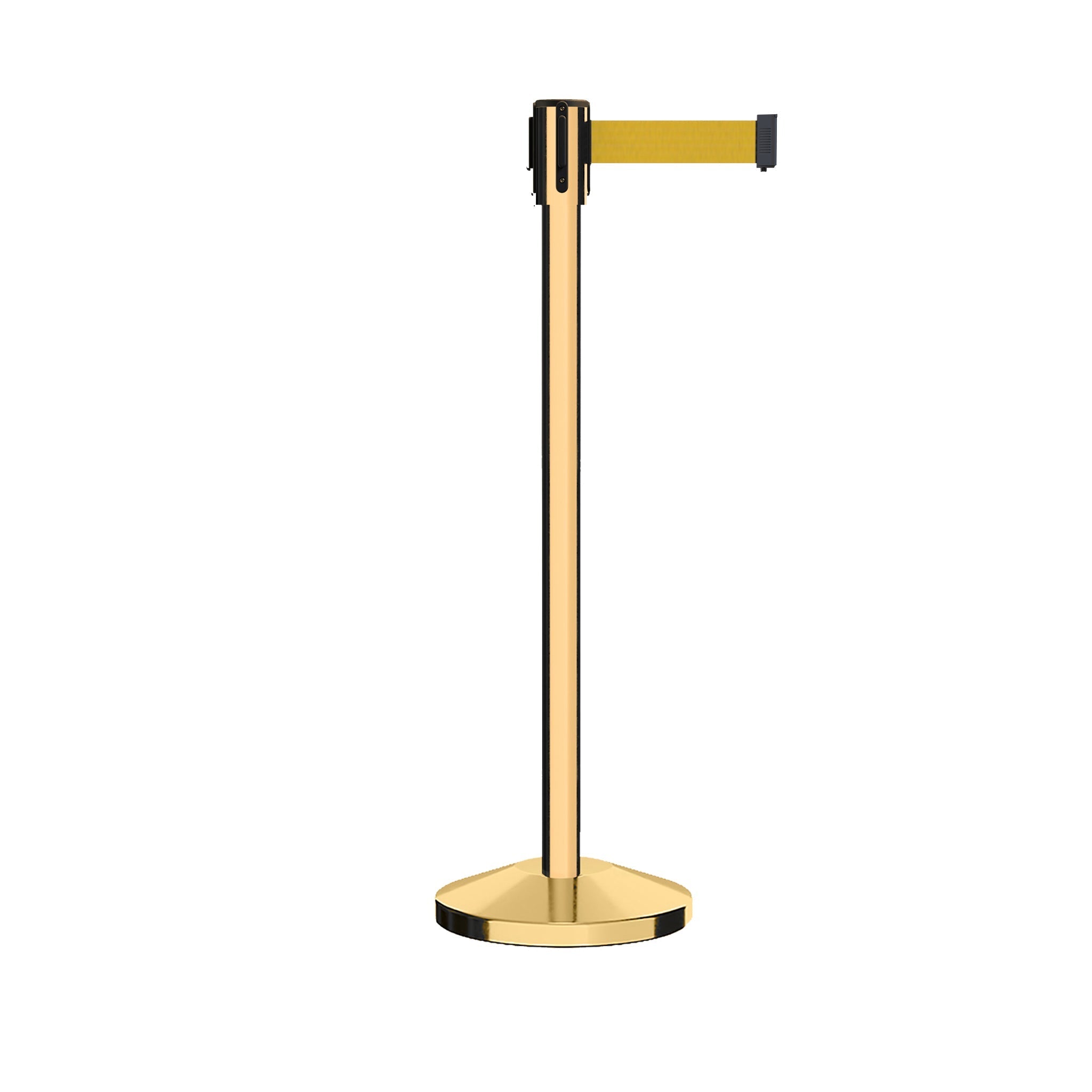Retractable Belt Barrier Stanchion, Sloped Base, Polished Brass Post, 9 ft Belt - Montour Line M530 - Crowd Control Warehouse