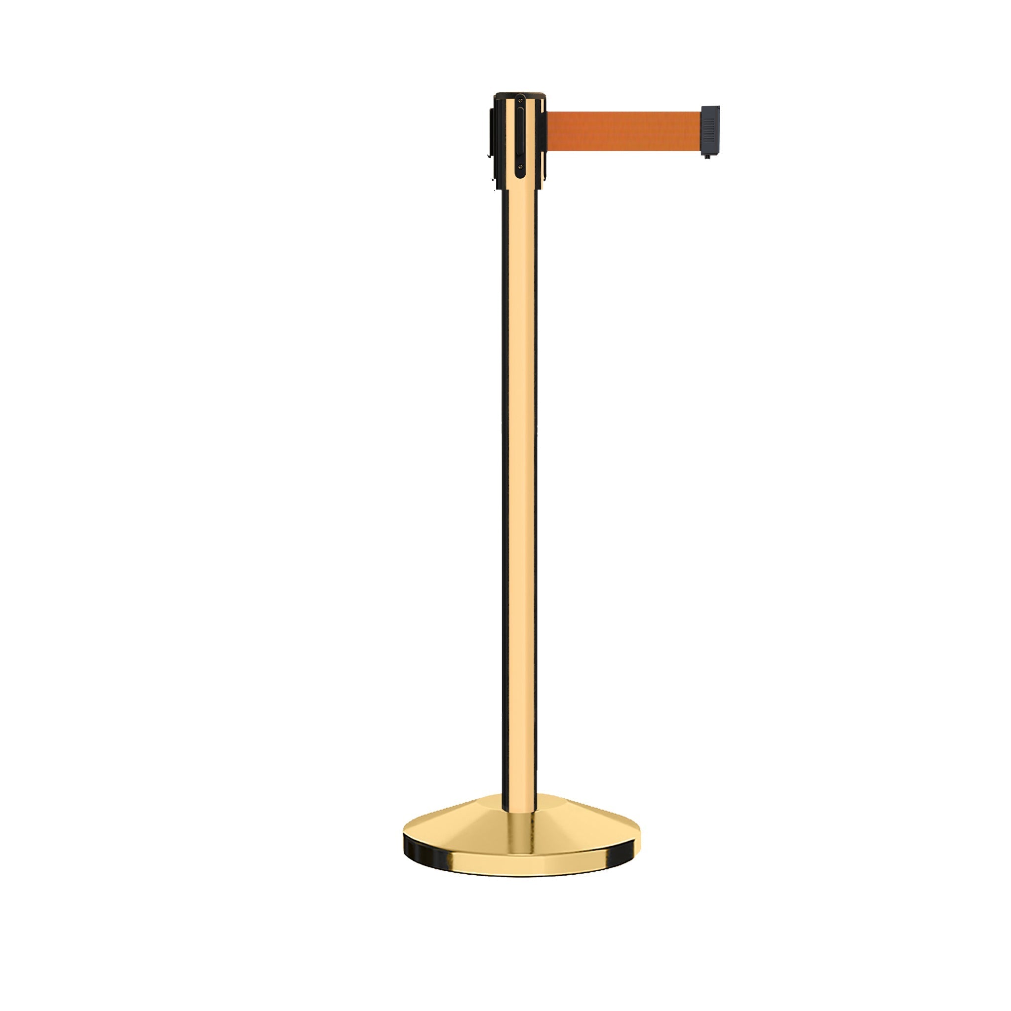 Retractable Belt Barrier Stanchion, Sloped Base, Polished Brass Post, 9 ft Belt - Montour Line M530 - Crowd Control Warehouse