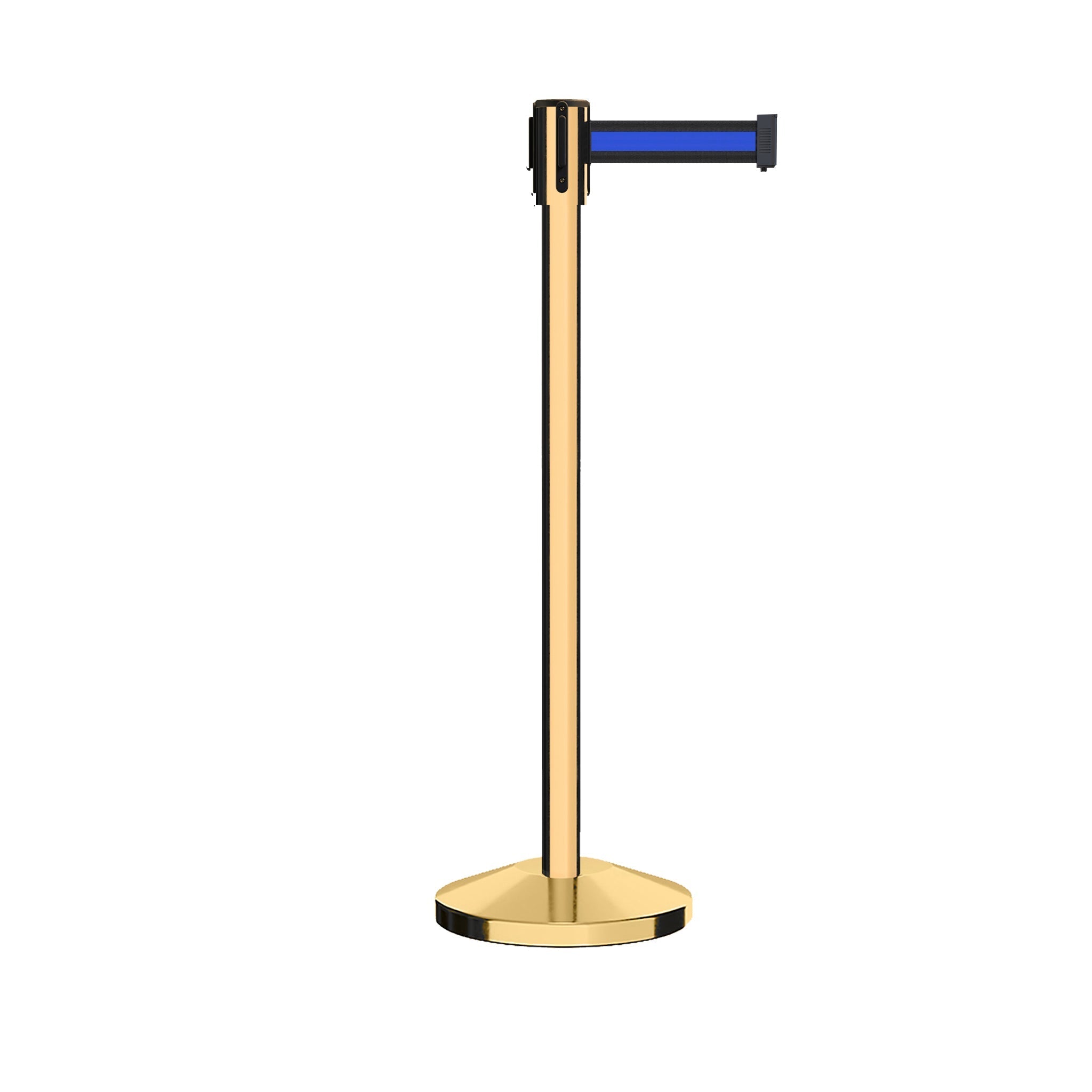 Retractable Belt Barrier Stanchion, Sloped Base, Polished Brass Post, 9 ft Belt - Montour Line M530 - Crowd Control Warehouse