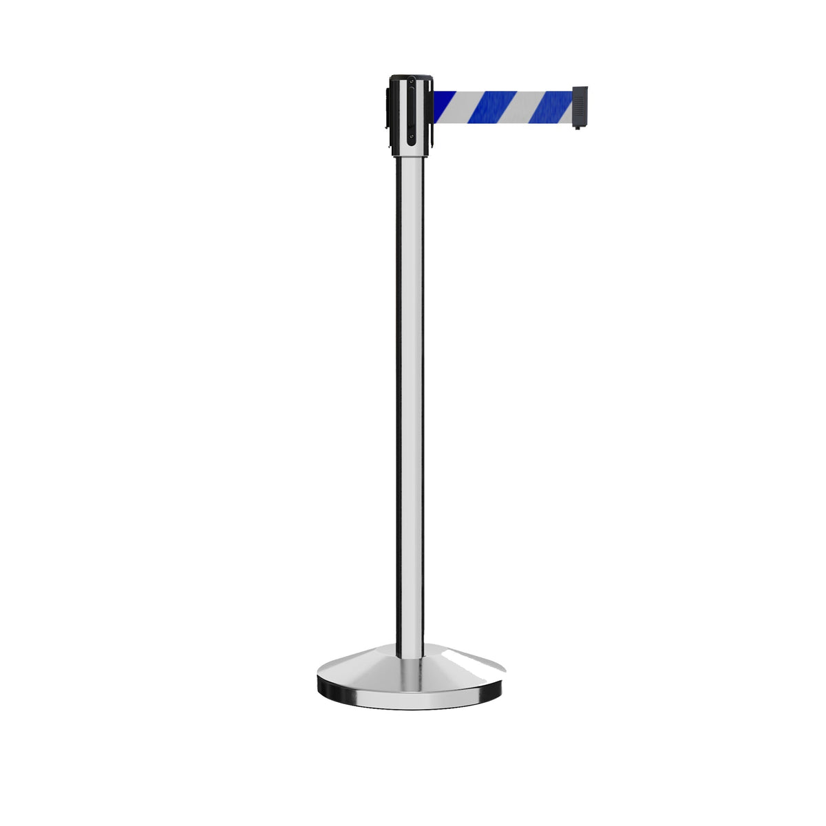 Retractable Belt Barrier Stanchion, Sloped Base, Polished Stainless Steel Post, 7.5 ft Belt - Montour Line M530 - Crowd Control Warehouse