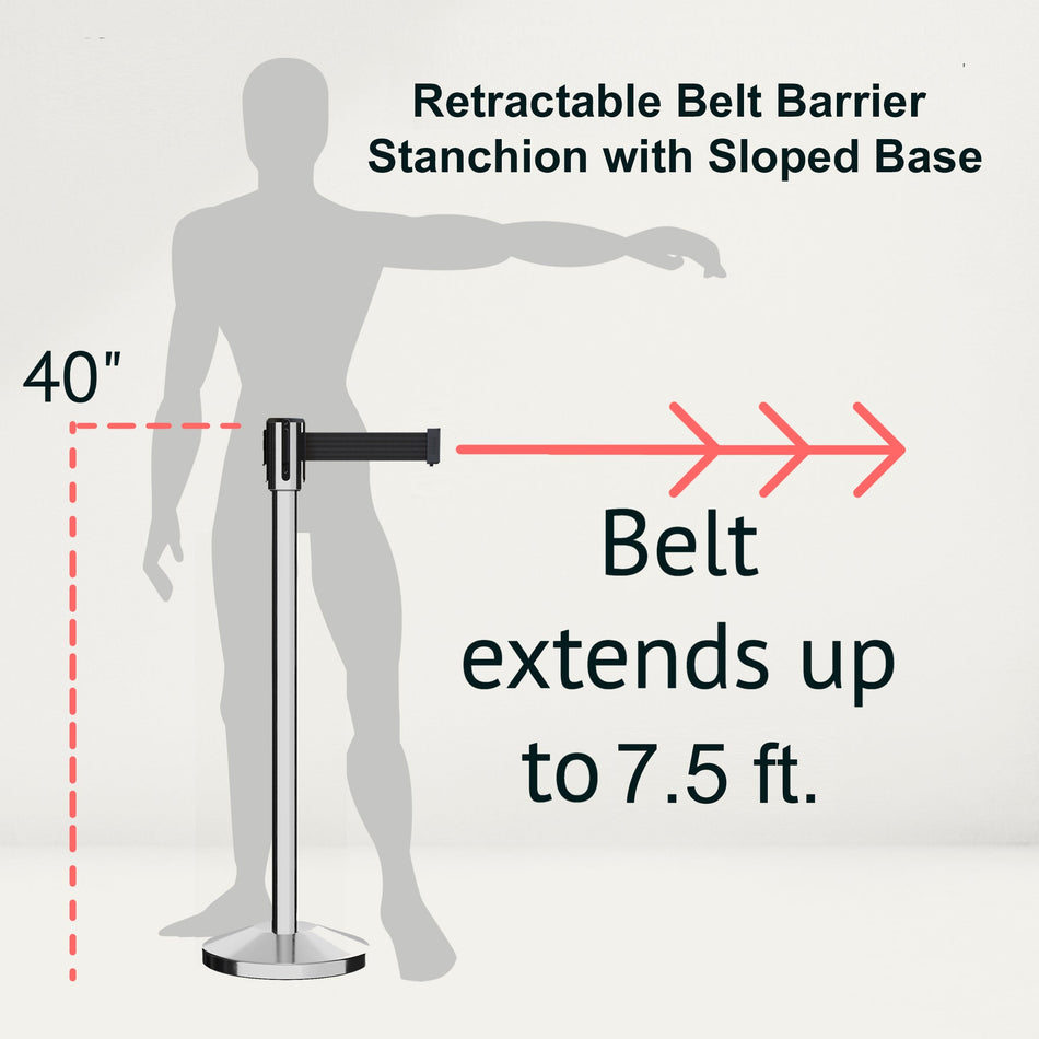 Retractable Belt Barrier Stanchion, Sloped Base, Polished Stainless Steel Post, 7.5 ft Belt - Montour Line M530 - Crowd Control Warehouse